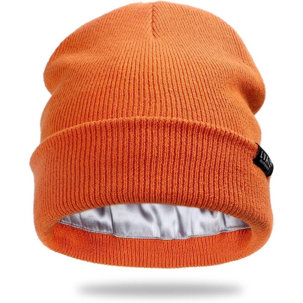 Women Orange Winter Beanie Hat Unisex Cotton Knitted Cuffed Slouchy Skull Cap